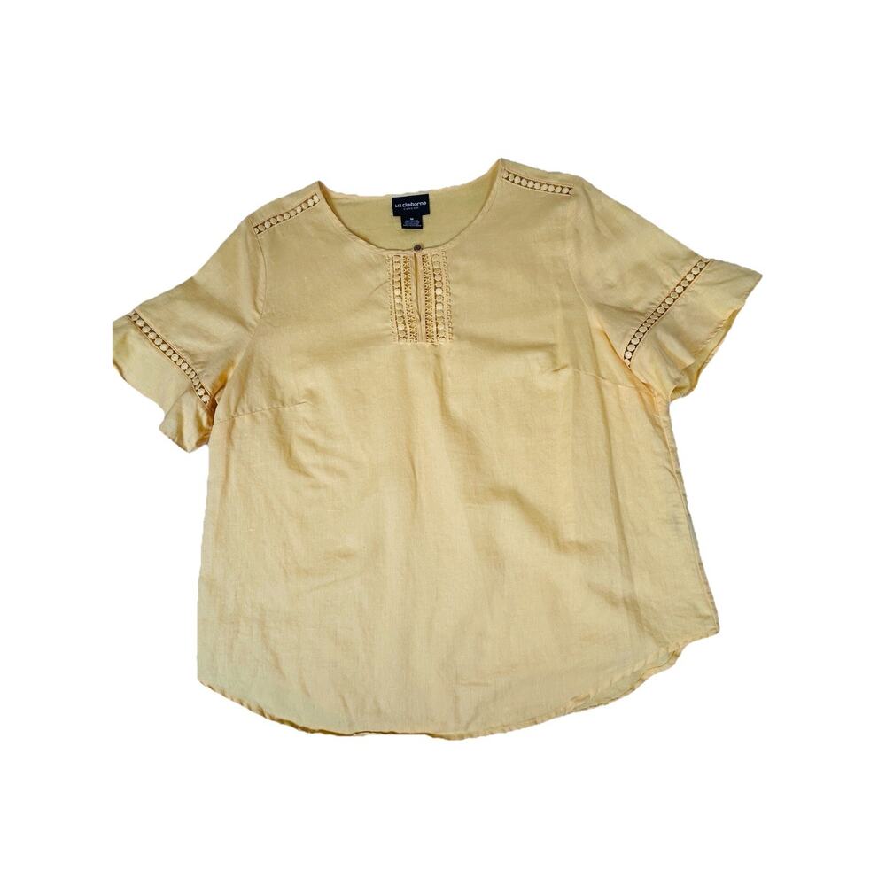 Liz Claiborne Career Yellow Linen Cotton Blend Lace Trim Short Sleeve Top Sz M